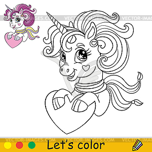 Cartoon cute unicorn with scarf holds heart in its - vector image