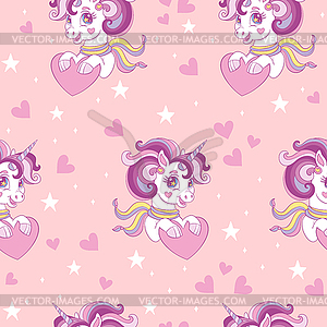 Seamless pattern with cute unicorn and hearts on - vector clipart