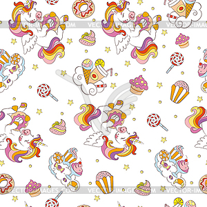 Seamless pattern with cute unicorns and sweets - vector clip art