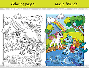 Coloring and color unicorn, seahorse and mermaid - vector clipart