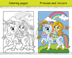 Coloring and color unicorn drive car - vector image