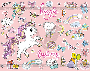 Sticker pack cute cartoon party unicorn - vector image