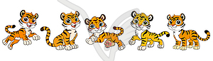 Set of five cute cartoon tiger cubs - vector clipart