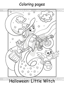 Coloring Halloween little witch with cat and owl - vector clip art
