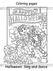 Coloring Halloween children in costumes of retro - vector image
