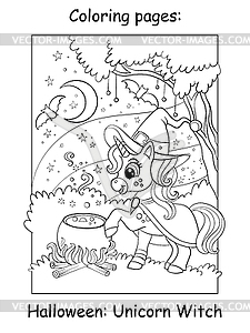 Coloring book page cute unicorn witch Halloween - vector clipart