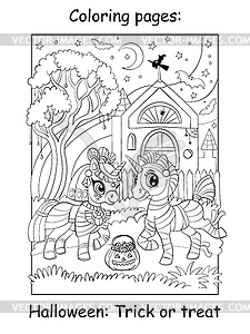 Coloring book page cute unicorns in mummy costumes - vector clip art