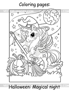 Coloring book page cute unicorn witch Halloween - vector image