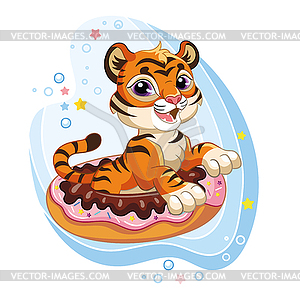 Cute cartoon tiger in an inflatable circle - vector clip art