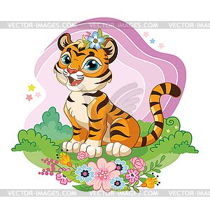 Cute cartoon tiger sitting in flowers - vector clipart