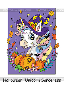 Cute unicorn witch and pumpkins. Halloween cartoon - vector image