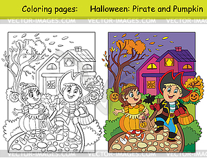 Coloring and colorful Halloween pumpkin and pirate - vector clipart