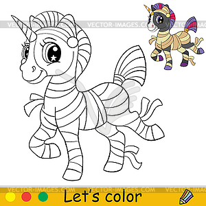 Cute unicorn in mummy suit coloring book Halloween - vector image