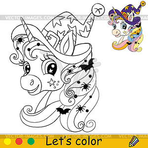 Cute unicorn head in witches hat coloring book - royalty-free vector image