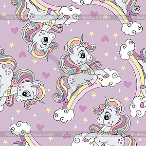 Seamless pattern with cute unicorns on rainbow - vector clipart