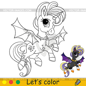 Cute unicorn with wings coloring book page Halloween - vector clipart
