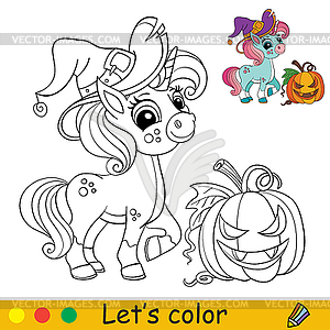 Cute witch unicorn coloring book page Halloween - vector clip art