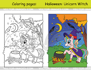Coloring and colorful cute unicorn witch Halloween - vector clip art