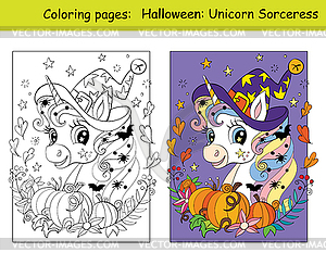 Coloring and colorful cute unicorn in witches hat - vector image
