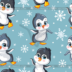 Seamless pattern with cute baby penguins - vector image