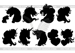 Set of black silhouettes of unicorns heads - vector clipart