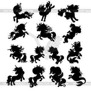 Set of black silhouettes of unicorns in motion - vector clip art