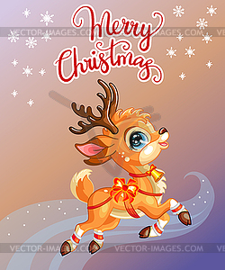 Colorful christmas card with cute deer and lettering - vector clipart