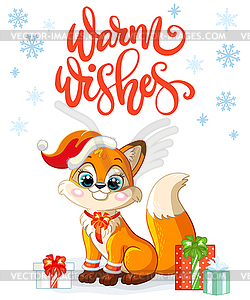 Christmas card with cute fox and lettering - vector clip art