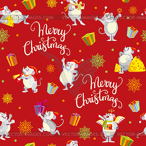 Christmas elements and mouses seamless pattern red - vector clipart
