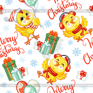 Seamless pattern with Christmas chickens - vector image