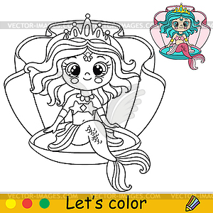 Cartoon cute mermaid sitting in seashell coloring - vector clip art