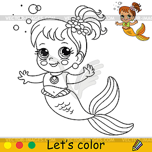 Cartoon cute and funny mermaid with bubbles coloring - vector clip art