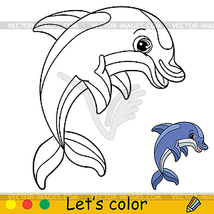 Cartoon cute and funny playful dolphin coloring - vector image