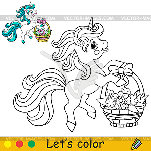 Cartoon cute unicorn holds basket with flowers - vector clipart