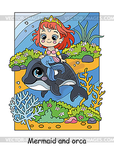 Beauty cute mermaid rides an orca colorful - vector image