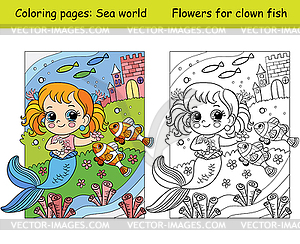Coloring and color cute mermaid plays with clown - vector image