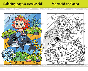 Coloring and color cute mermaid rides an orca - vector clipart