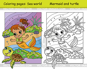 Coloring and color cute baby mermaid swims with - vector clip art