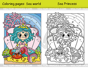 Coloring and color cute mermaid in seashell and crab - vector clip art