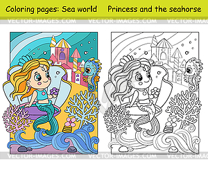 Coloring and color cute mermaid in seashell - vector image