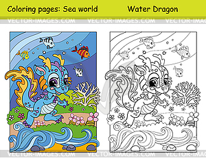 Coloring and color cute baby dragon swims with fish - vector clipart