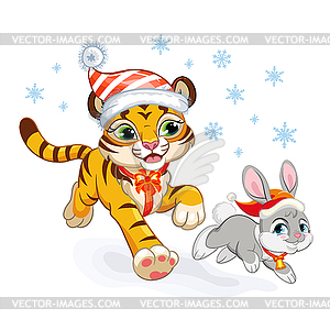 Cute Christmas tiger runs with rabbit - vector image