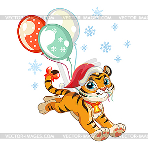 Cute Christmas tiger with balloons - vector clip art