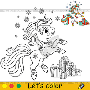 Coloring cute happy Christmas unicorn - vector clipart