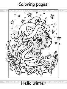 Coloring book page cute funny head of unicorn with - vector clip art