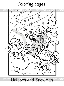 Coloring book page cute unicorn with snowman - vector clipart
