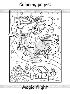 Coloring book page cute christmas flying unicorn - vector clipart