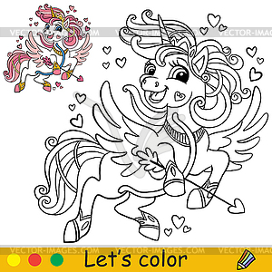 Coloring with template flying unicorn with bow - vector image