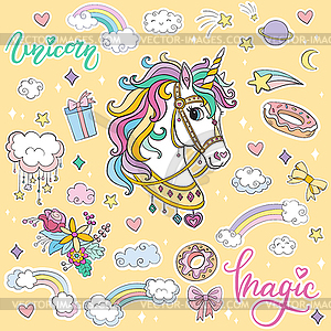 Sticker pack cartoon unicorn yellow - royalty-free vector image
