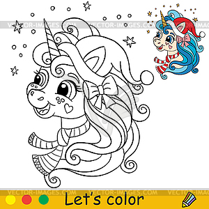 Coloring with template christmas unicorn head - vector clipart